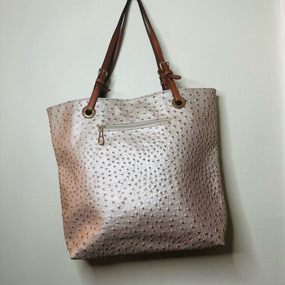 SCARLETON Rose Pink Synthetic Faux Ostritch Leather Brown Handles Zipper Bag - Picture 1 of 12